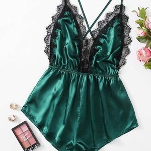 Satin Lace Trimed Criss Cross Night Romper